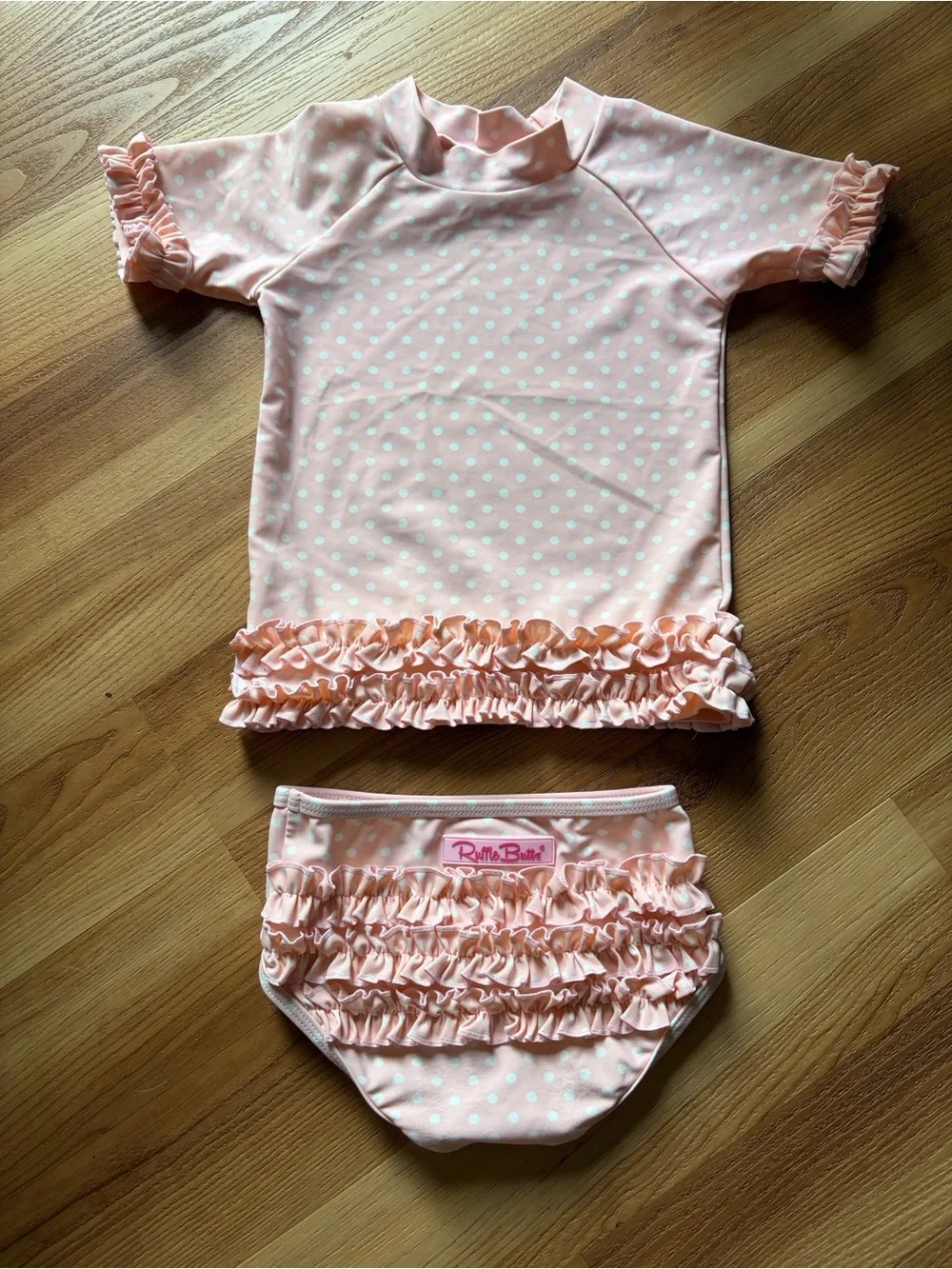 RuffleButts Toddler Girls Rash Guard 2-Piece Swimsuit Pink Polka Dot